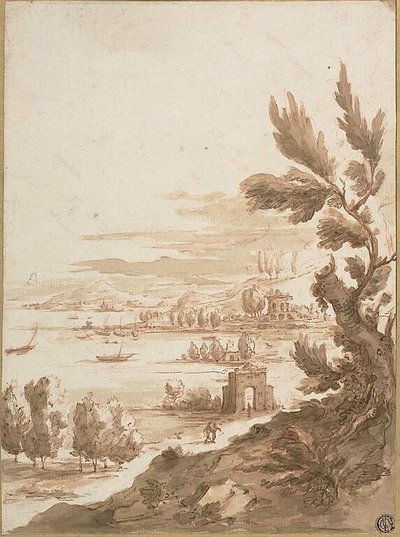 Vista de uma colina com vista para um porto de Jan Frans van Bloemen