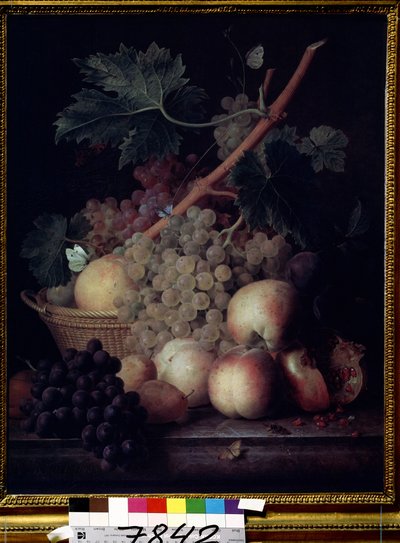 ""Fruits"" Ainda vida de pêssegos, uvas, peras e romãs com borboletas e uma vespa. Pintura de Jean François van Dael (1764-1840) 1808 Museu Pushkin, Moscou de Jan Frans van Dael