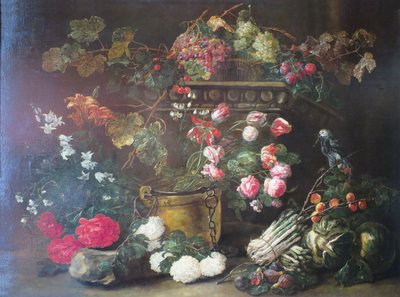 Natureza morta com flores, frutos e um papagaio de Jan Fyt