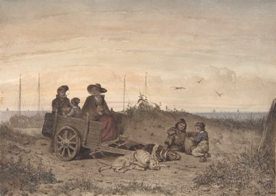 A família de um pescador na praia, a mãe e uma das crianças sentadas em um carrinho, 1855. de Jan Gerard Smits