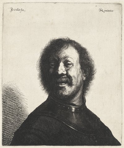 Homem sorridente com pedaço de pescoço Tronies após Rembrandt (título da série) de Jan Gillisz. van Vliet