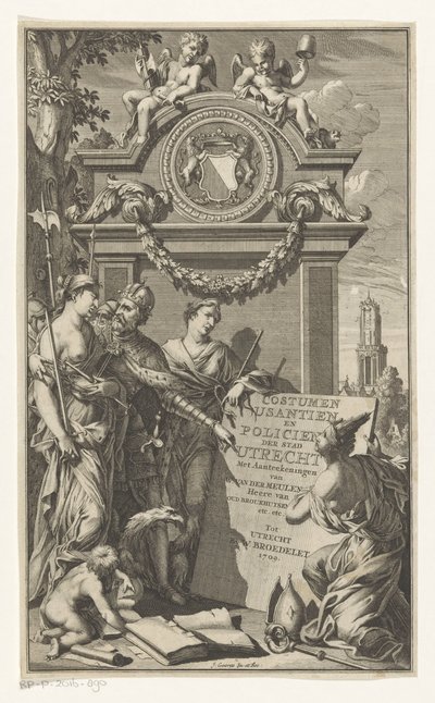 A justiça ensina as leis de Utrecht Costumen Usantien e policial da cidade de Utrecht (título no objeto) Página de título para Willem Van der Meulen, Costumen, usantien, policien ende style van literen, der Stadt Utrecht, 1709 de Jan Goeree