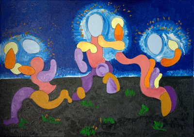 Nas noites quentes de junho, os trogloditas celebram o Fogo, 2009 (óleo sobre tela) de Jan Groneberg