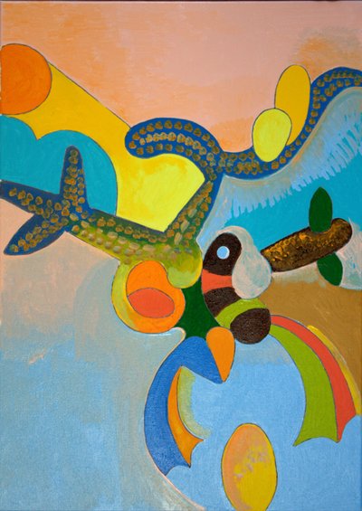 Dez minutos após sua decolagem final, Ikarus é atacado por uma ave do paraíso, 2010 (óleo sobre tela) de Jan Groneberg