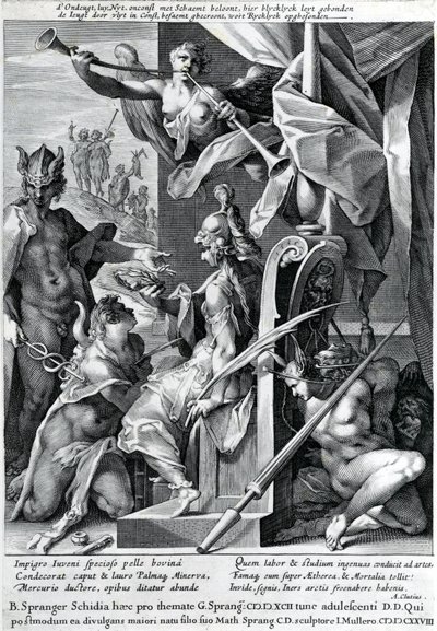 Mercúrio e Minerva armam um herói com couro de boi e coroa de louros, 1604 de Jan Harmensz Muller