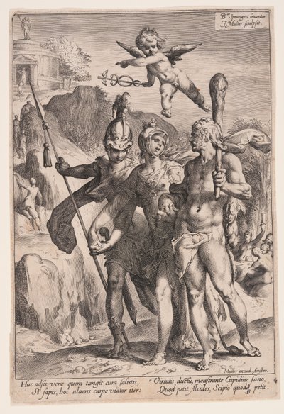 Minerva e Cupido conduzem Hércules e Cipião ao caminho da virtude de Jan Harmensz. Muller