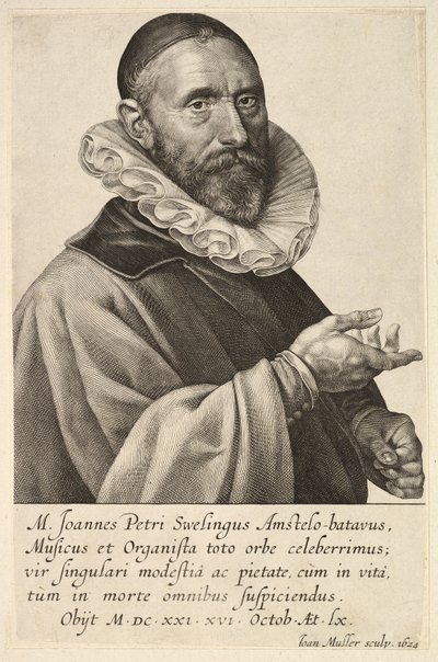 Retrato de Jans Pietersz Sweelinck, pub. 1624 (gravura) de Jan Harmensz Muller