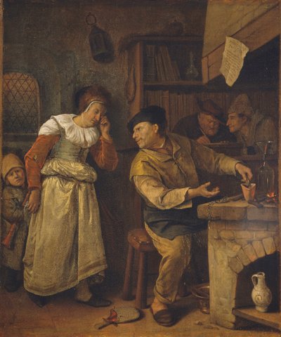 Um ourives a derreter as jóias de uma mulher na presença de um notário: O Alquimista, c. 1668-70 (óleo sobre tela) de Jan Havicksz. Steen
