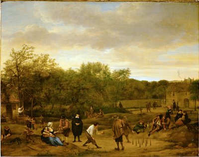 Agricultores a jogar ao skittles, c.1650 (óleo sobre madeira de carvalho) de Jan Havicksz. Steen