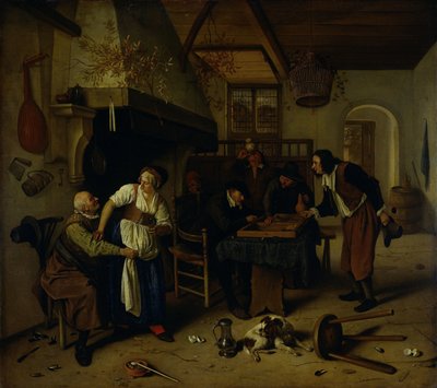 Interior de uma pousada com um velho se divertindo com a senhoria e dois homens jogando gamão, conhecido como 