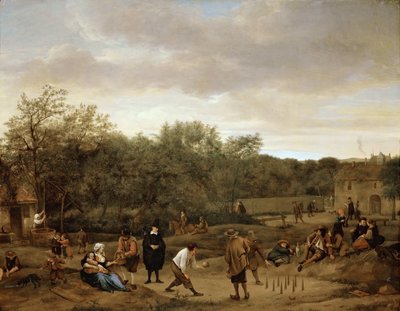 Paysans jouant aux quilles - Camponeses jogando boliche, por Steen, Jan Havicksz (1626-1679). Óleo sobre madeira, c. 1655. Dimensão : 67x85,5 cm. Museu de História de Arte, Vienne de Jan Havicksz. Steen