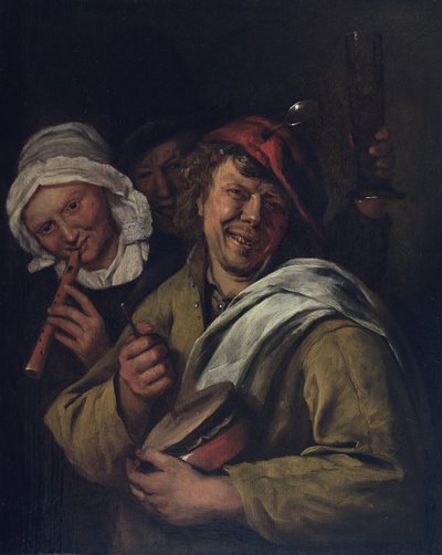 O Rommelpot: Interior com três figuras (óleo sobre painel) de Jan Havicksz. Steen