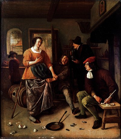 Os ovos quebrados (dentro de uma pousada). Grupo de personagens alegres da cozinha holandesa. O homem que levanta a saia da mulher é um auto-retrato do pintor. Pintura de Jan Havickszoon Steen (1625/6-1679) 1665-1670 Sol. 43x38 cm Londres, National Gallery de Jan Havicksz. Steen
