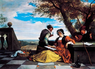 Dois homens e uma jovem fazendo música no terraço de Jan Havicksz. Steen