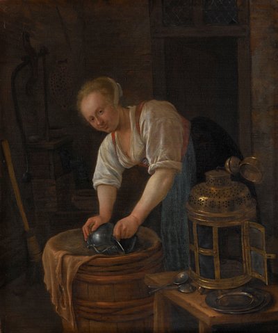 Mulher limpando objetos de metal de Jan Havicksz. Steen