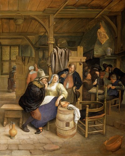 Um interior da taberna com jogadores de cartão de Jan Havickszoon Steen