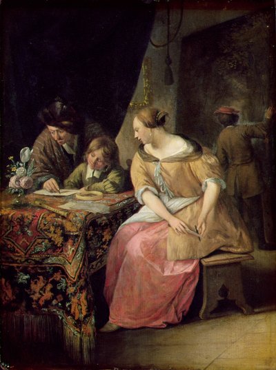 Interior com um pintor e sua família, c.1670 (painel) de Jan Havickszoon Steen