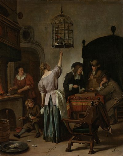 Interior com uma mulher alimentando um papagaio, conhecido como &39;The Parrot Cage&39;, c. 1660-70 (óleo sobre tela no painel) de Jan Havickszoon Steen