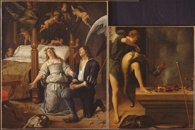 Tobias e Sarah com o Arcanjo Rafael exorcizando o demônio Asmodeus, remontado de dois fragmentos separados (para a versão restaurada, ver 85367) de Jan Havickszoon Steen