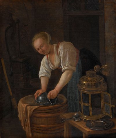 Mulher, vasculhando, metalware, 1650-60 de Jan Havickszoon Steen