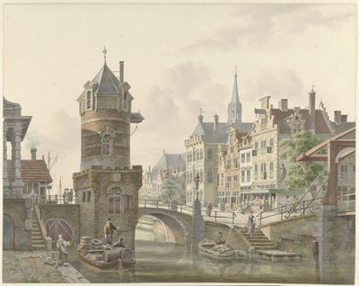 Canal em uma cidade com uma torre por uma ponte de pedra de Jan Hendrik Verheijen