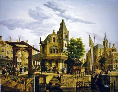 Uma cena de rua holandesa ao longo de um canal de Jan Hendrik Verheyen