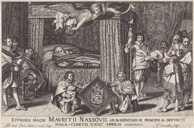 Paradebed van Prins Maurits, 1625
Effigies magni Mauritii Nassouii, arausionensium principis &c. defuncti Hagae-Comitis XXIII. Aprilis MDCXXV (título sobre o objecto) de Jan Hendriksz. Verstraelen