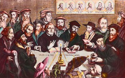 A luz é colocada no castiçal - Gravura de Jan HOUWENS mostrando Os reformadores - João Calvino e Martinho Lutero Reunião Imaginária de Líderes Reformistas: John Wyclif (ou Wycliff ou Wycliffe de Jan Houwens