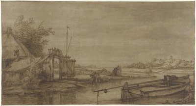 Vista do canal com casa de campo e barcaça atracada de Jan Hulswit (possibly)