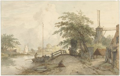 Ajardine com uma ponte e uma casa em uma estrada ao longo de uma água de Jan Hulswit