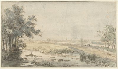 Paisagem com um pescador à beira da água de Jan Hulswit