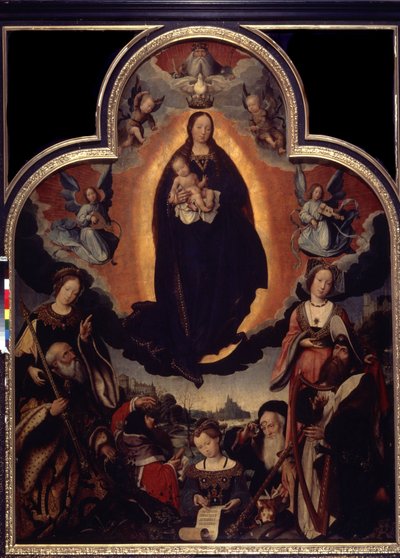 ""La Vierge en Gloire"" (A Glorificação da Virgem) Entre os personagens que cercam a Virgem e Jesus Cristo: Rei Davi tocando harpa, o imperador romano Augusto (Caius Julius Caesar Octavianus Augustus) (63 aC- 14 dC), profetas de Jan II Provost