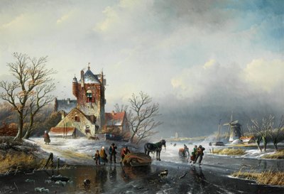 Jan Jacob Spohler Paisagem de inverno com moinho de vento e patinadores no gelo de Jan Jacob Spohler