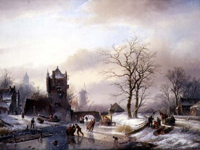 Patinadores em um Rio Congelado (óleo sobre tela) de Jan Jacob Spohler