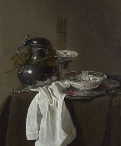 Natureza morta com um jarro de estanho e duas tigelas Ming, 1651 de Jan Jansz. Treck