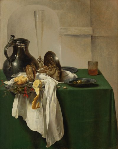Jarro de estanho e tazza de prata sobre uma mesa de Jan Jansz den Uyl