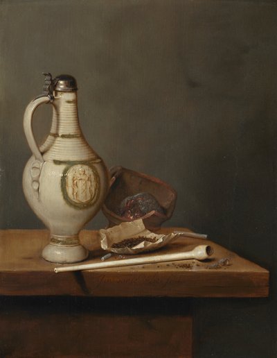 Natureza-morta com jarro de grés e cachimbo, meados da década de 1650 (óleo sobre painel) de Jan Jansz. van de Velde