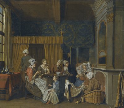 Uma família tomando chá enquanto comemora o nascimento de gêmeos de Jan Josef Horemans the Younger