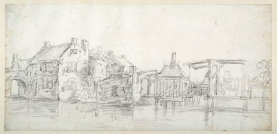 Um canal com edifícios, incluindo uma casa de portagem e uma ponte com portagem, c.1650 (giz preto sobre papel branco) de Jan Josefsz. van (circle of) Goyen