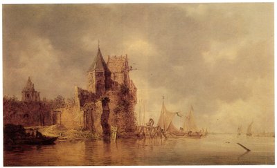 Uma torre medieval na muralha de um castelo com veleiros em um píer e um barco a remo em primeiro plano, c.1642 (óleo no painel) de Jan Josephsz van Goyen