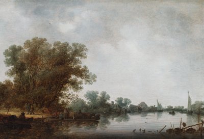 Cena de um rio com um ferry-boat a sair da margem esquerda de Jan Josephsz van Goyen