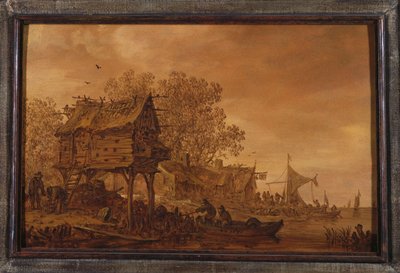 Uma aldeia na margem do rio com camponeses em um barco por uma pomba, 1651 de Jan Josephsz van Goyen