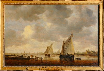 Deux grandes barques à voiles sur un fleuve et bestiaux près de la rive - Dois grandes barcos à vela num rio e animais nas margens ... de Jan Josephsz van Goyen