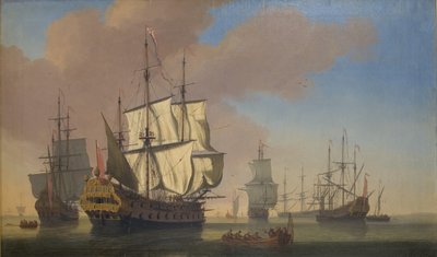 Navios de guerra ingleses em uma enseada em clima calmo de Jan Karel Donatus van Beecq