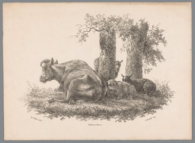 Uma vaca e três ovelhas Beesten Studien por J. Kobell após Paul Potter Nr. 1 (título da série) de Jan Kobell (III)
