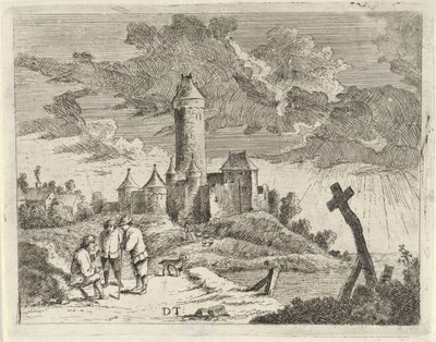 Paisagem com castelo e três homens de Jan Lauwryn Krafft (I) (possibly)