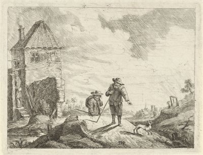 Dois fazendeiros com um cachorro em uma estrada rural de Jan Lauwryn Krafft (I) (possibly)