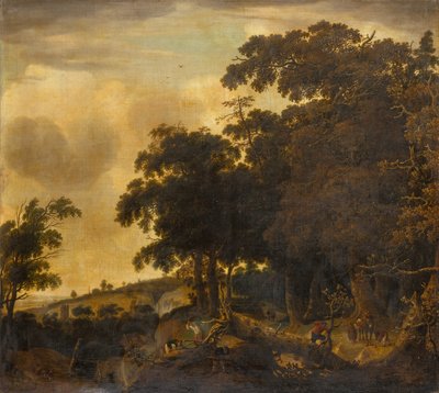 Uma paisagem arborizada com lenhadores (óleo) de Jan Looten