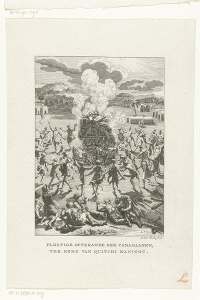 Os habitantes originais do Canadá sacrificam-se a Gitche Manitou
Oferta plebeia de canadianos, em honra de Quitchi Manitou (título sobre o objecto)
Religiões (título da série) de Jan Lucas van der Beek