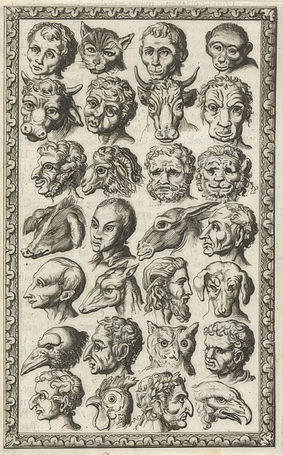 28 cabeças de humanos e animais (28 pares de van mensen end). 1682 de Jan Luyken